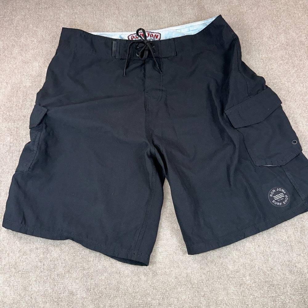 Ron Jon Surf Shop Mens Black Board Shorts Size 32 Cargo Pockets Swim Trunks